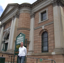 Andrew Corbett outside the church in Hobart where Boreham pastored