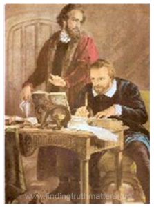 An artist's impression of William Tyndale translating the New Testament into English