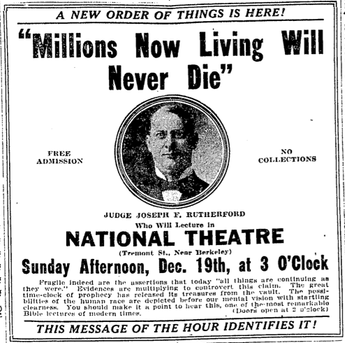Judge Rutherford Poster from 1920 promoting Watchtower doctrine that Christ would return in 1924/5