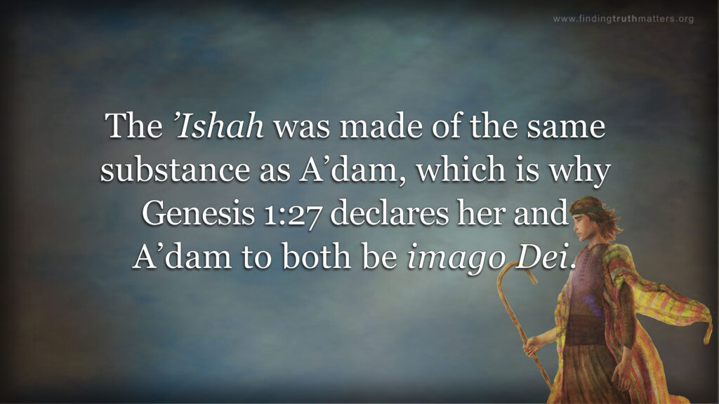 The ’Ishah was made of the same substance of A’dam, which is why Genesis 1:27 declares her and A’dam to both be imago Dei.